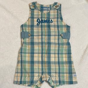 EUC Rugged Butts blue green plaid Jon Jon monogram James 12/18mo